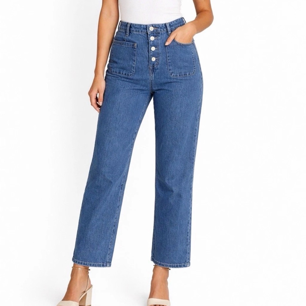 Women's 12 High Rise Straight Leg Denim Jeans Button Front Big pockets  Crop